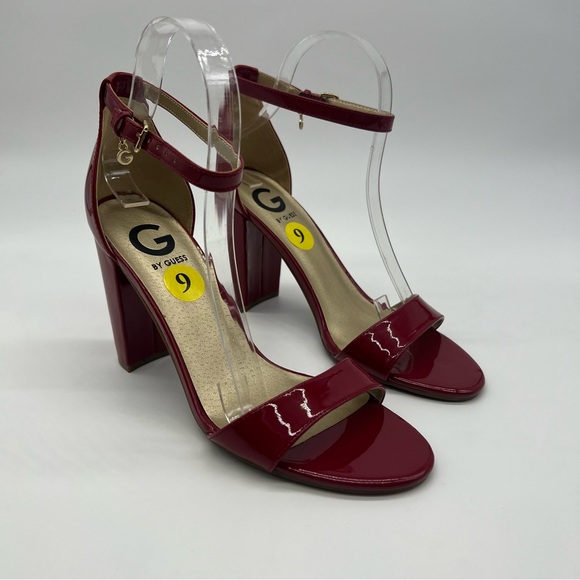 G by Guess Red Block Heel Sandals Size 9 Peep Toe Ankle Strap Patent - Picture 3 of 13
